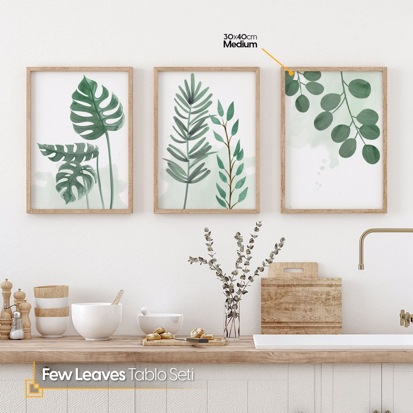 Few Leaves 3 Pieces Watercolor Botanical FRAMED Wall Art