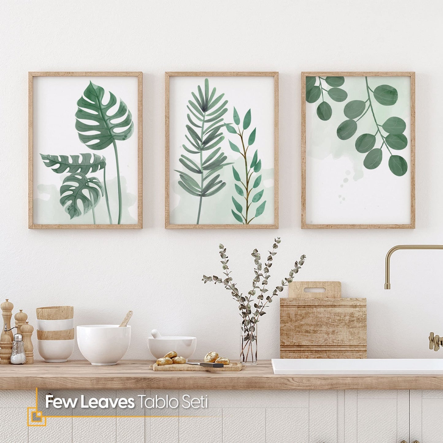 Few Leaves 3 Pieces Watercolor Botanical FRAMED Wall Art