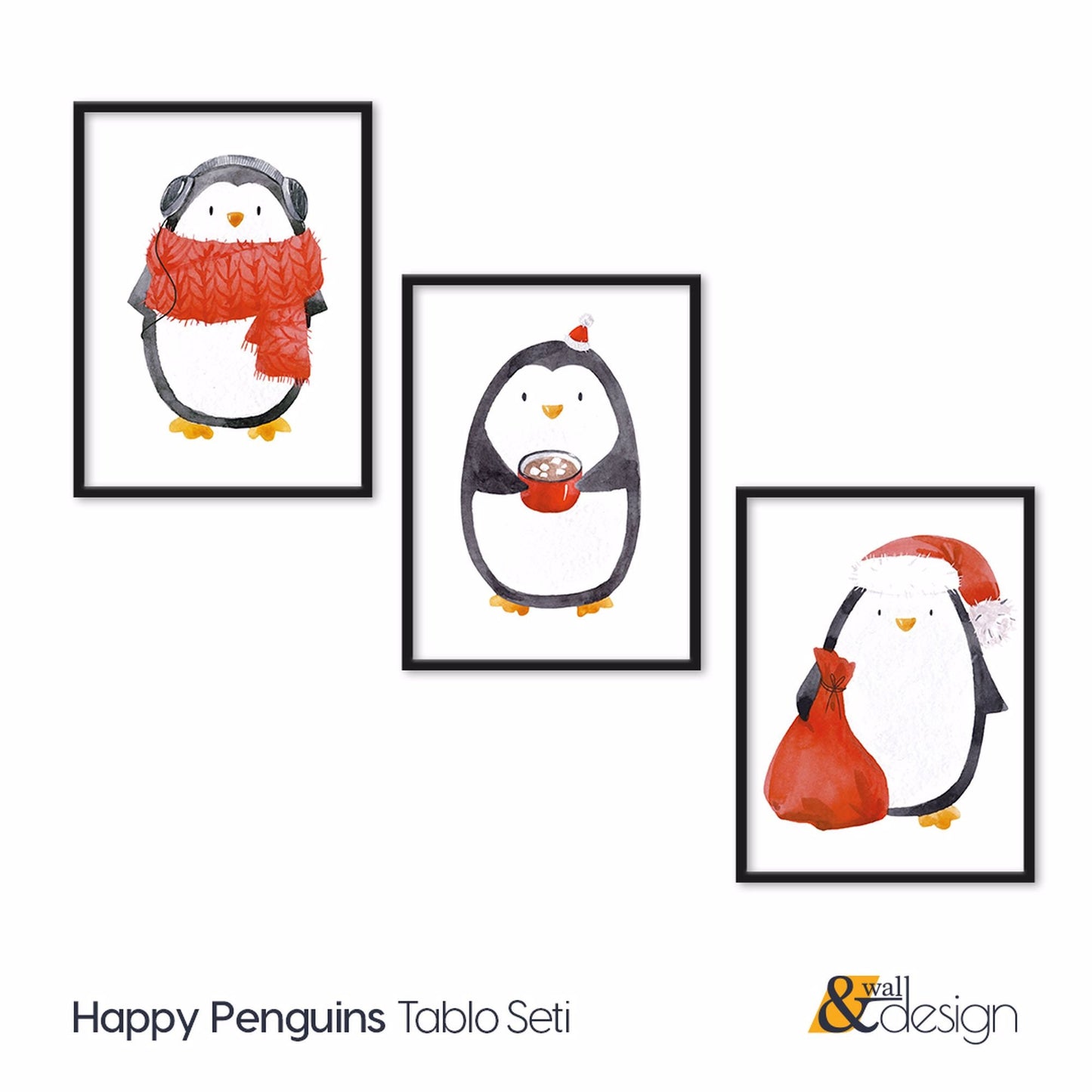 Happy Penguin - Wooden Framed Nursery Wall Art Set of 3 Pieces