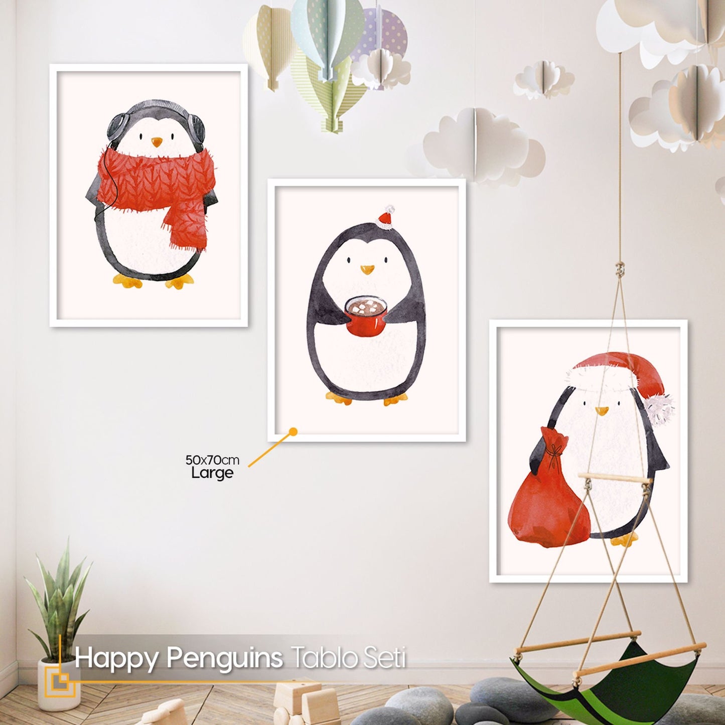 Happy Penguin - Wooden Framed Nursery Wall Art Set of 3 Pieces