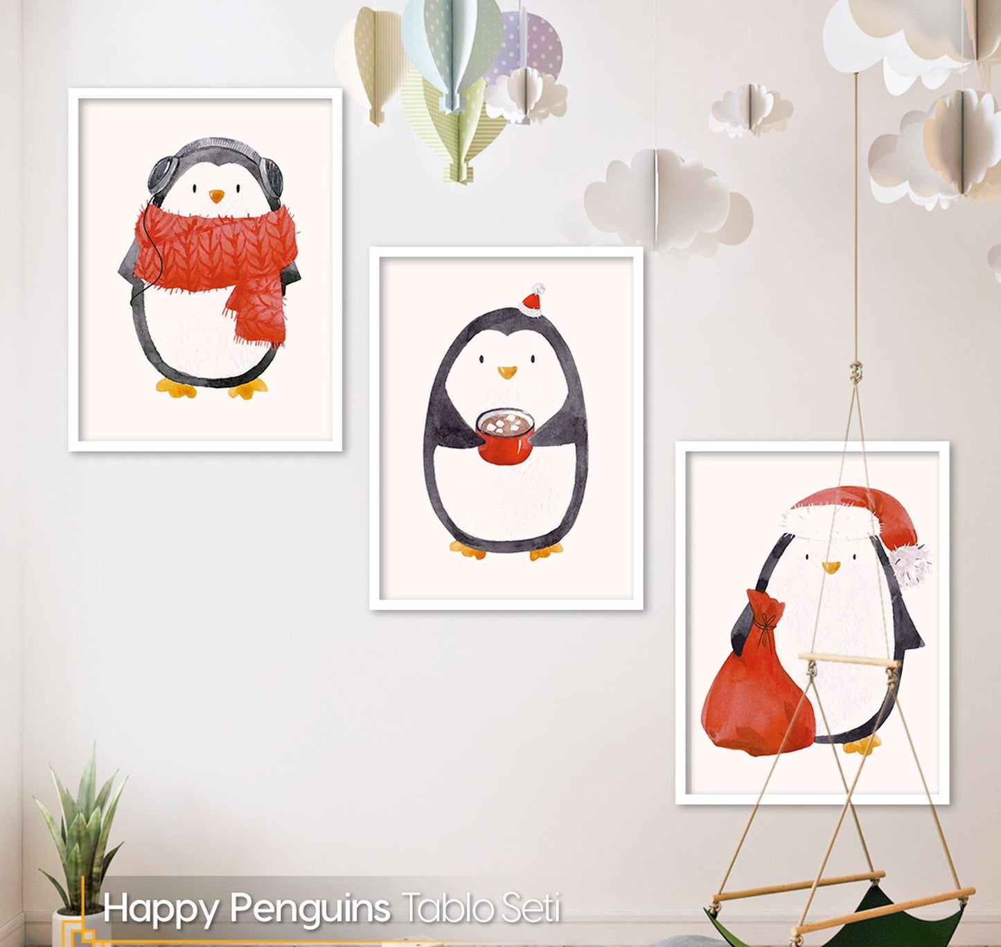 Happy Penguin - Wooden Framed Nursery Wall Art Set of 3 Pieces