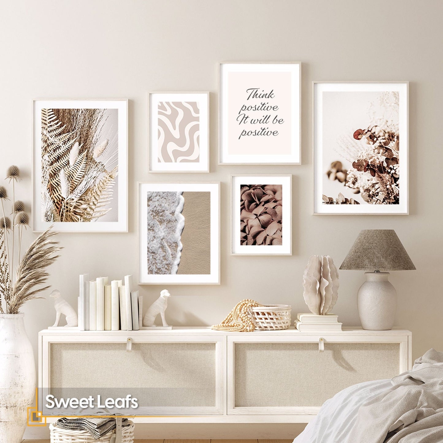 Sweet Leafs - Neutral Boho Gallery FRAMED Wall Decor Print Set of 6 Pieces