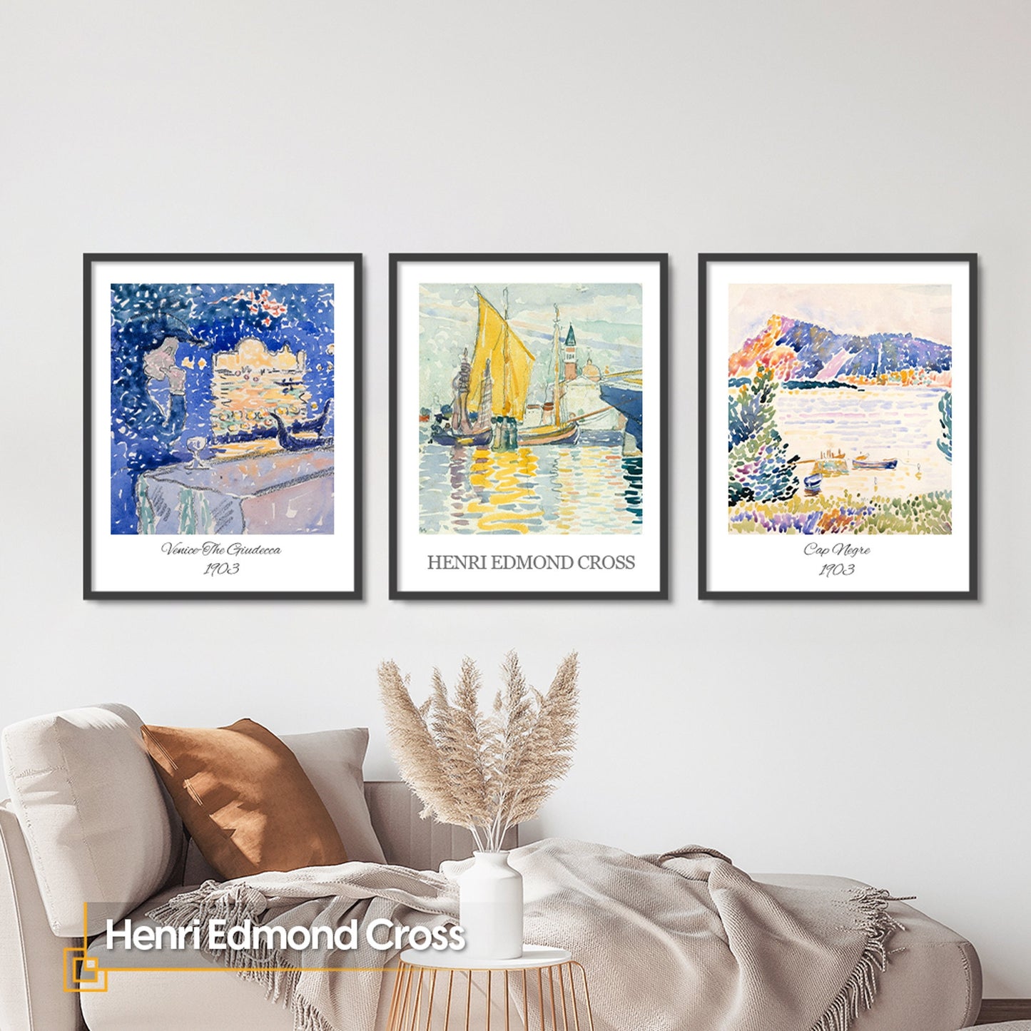 Henri Edmond Cross - Wooden Framed Wall Art Print Set of 3 Henri EDMOND