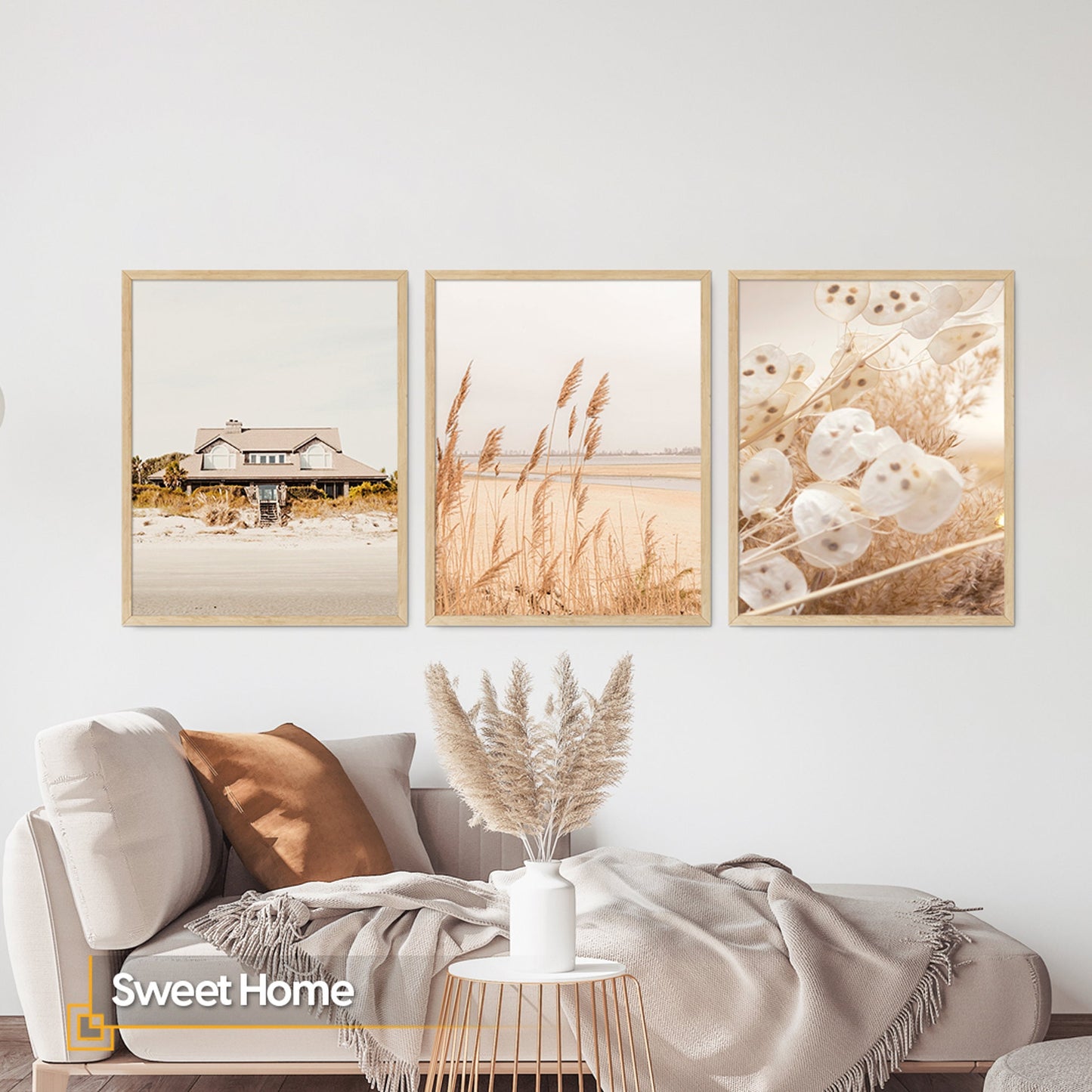 Sweet Home - FRAMED Boho Print Art Set of 3 Coastal Pampas