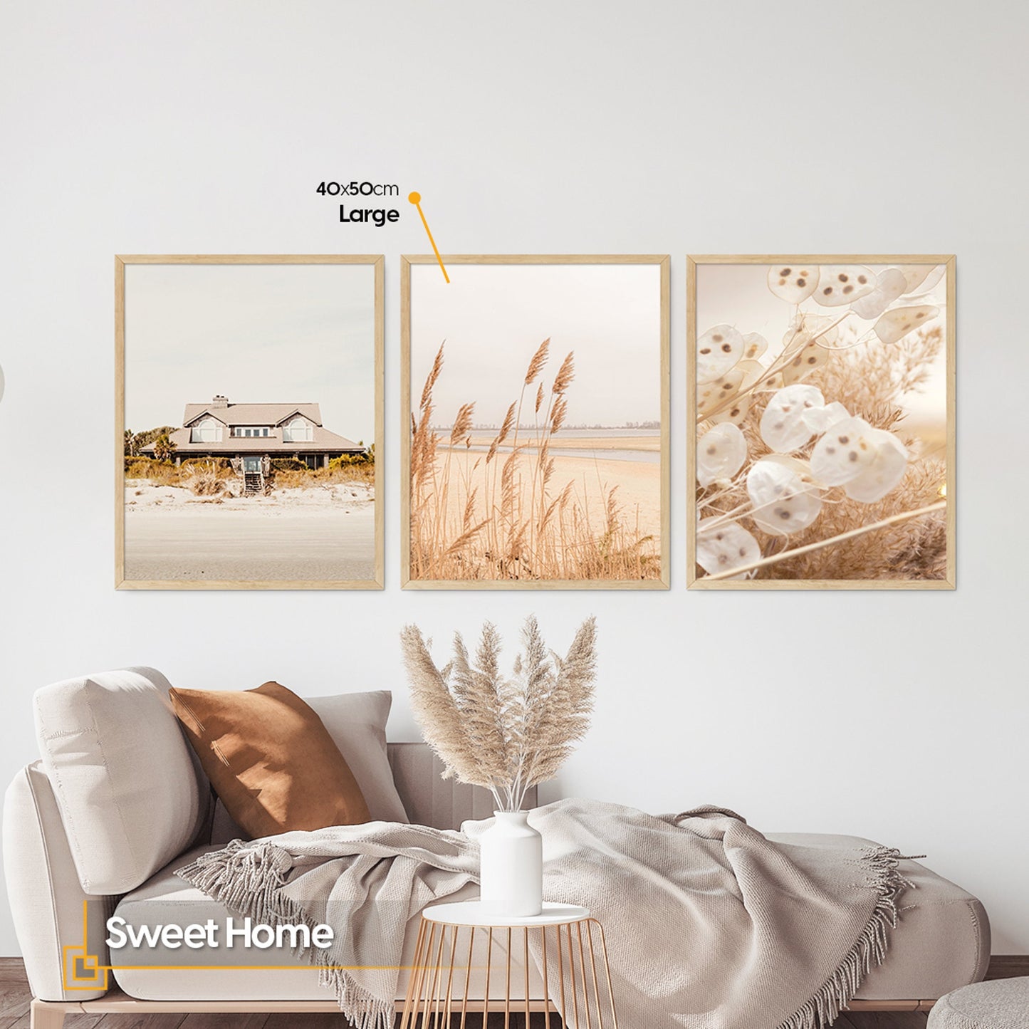 Sweet Home - FRAMED Boho Print Art Set of 3 Coastal Pampas