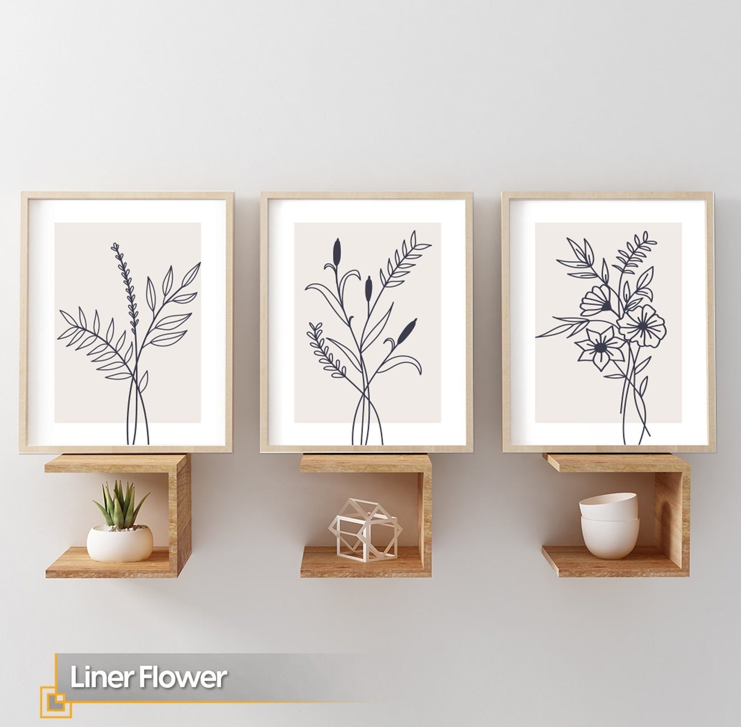 Liner Flower - Flower Line Art Set FRAMED Print Set of 3 Pieces
