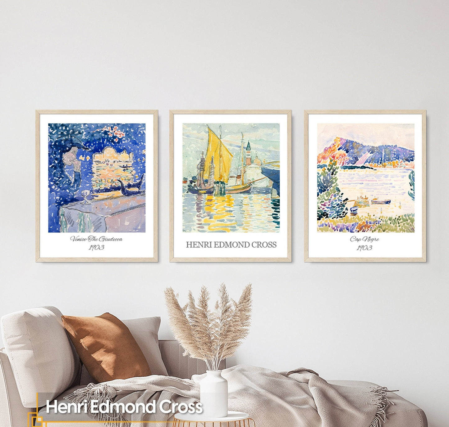 Henri Edmond Cross - Wooden Framed Wall Art Print Set of 3 Henri EDMOND