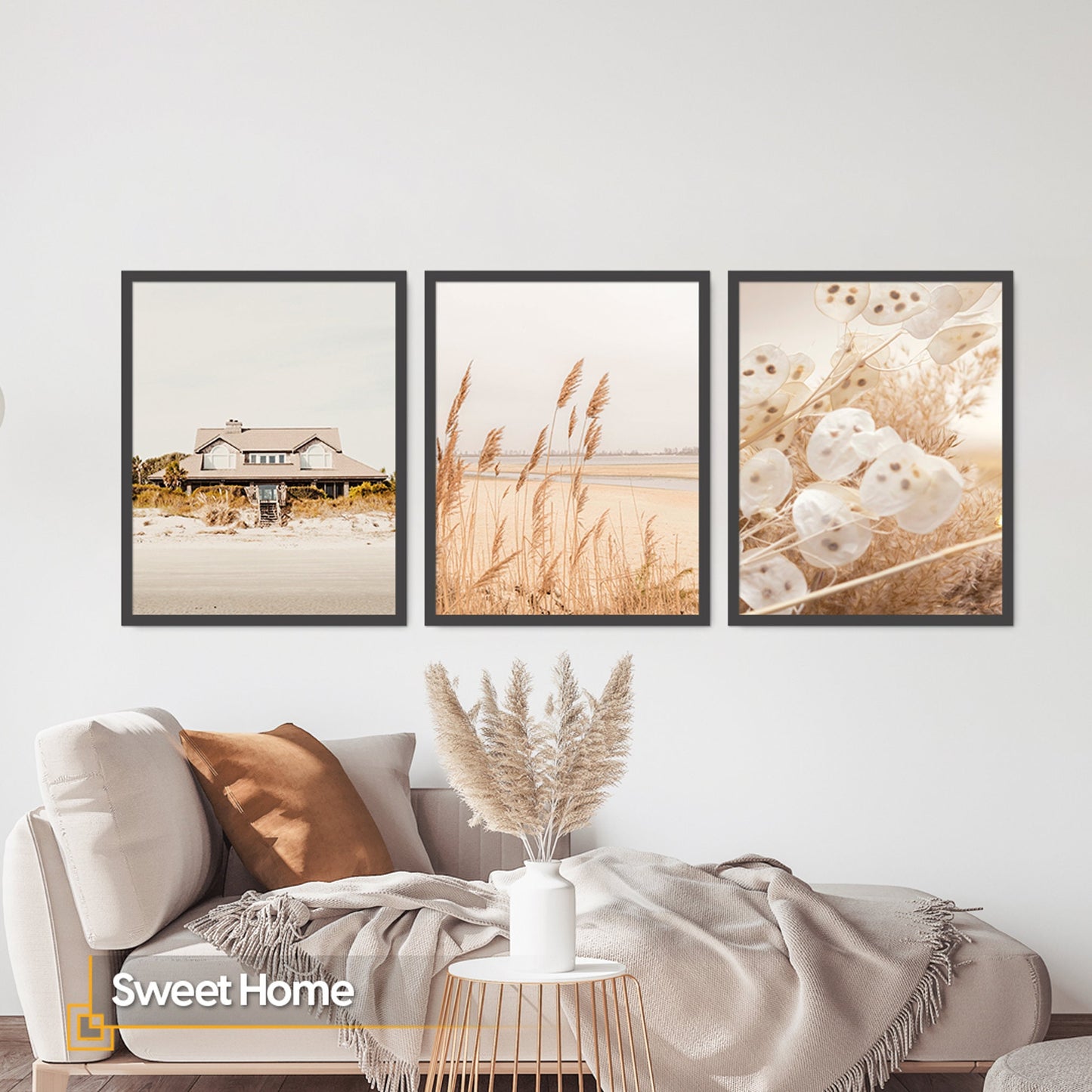 Sweet Home - FRAMED Boho Print Art Set of 3 Coastal Pampas