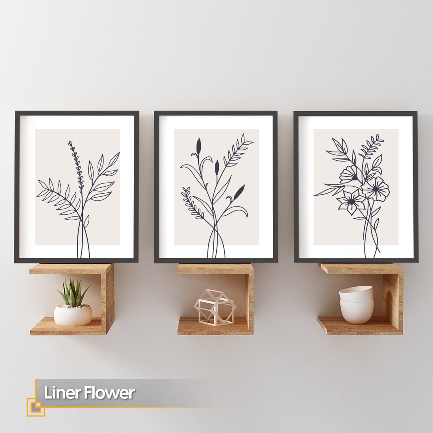 Liner Flower - Flower Line Art Set FRAMED Print Set of 3 Pieces