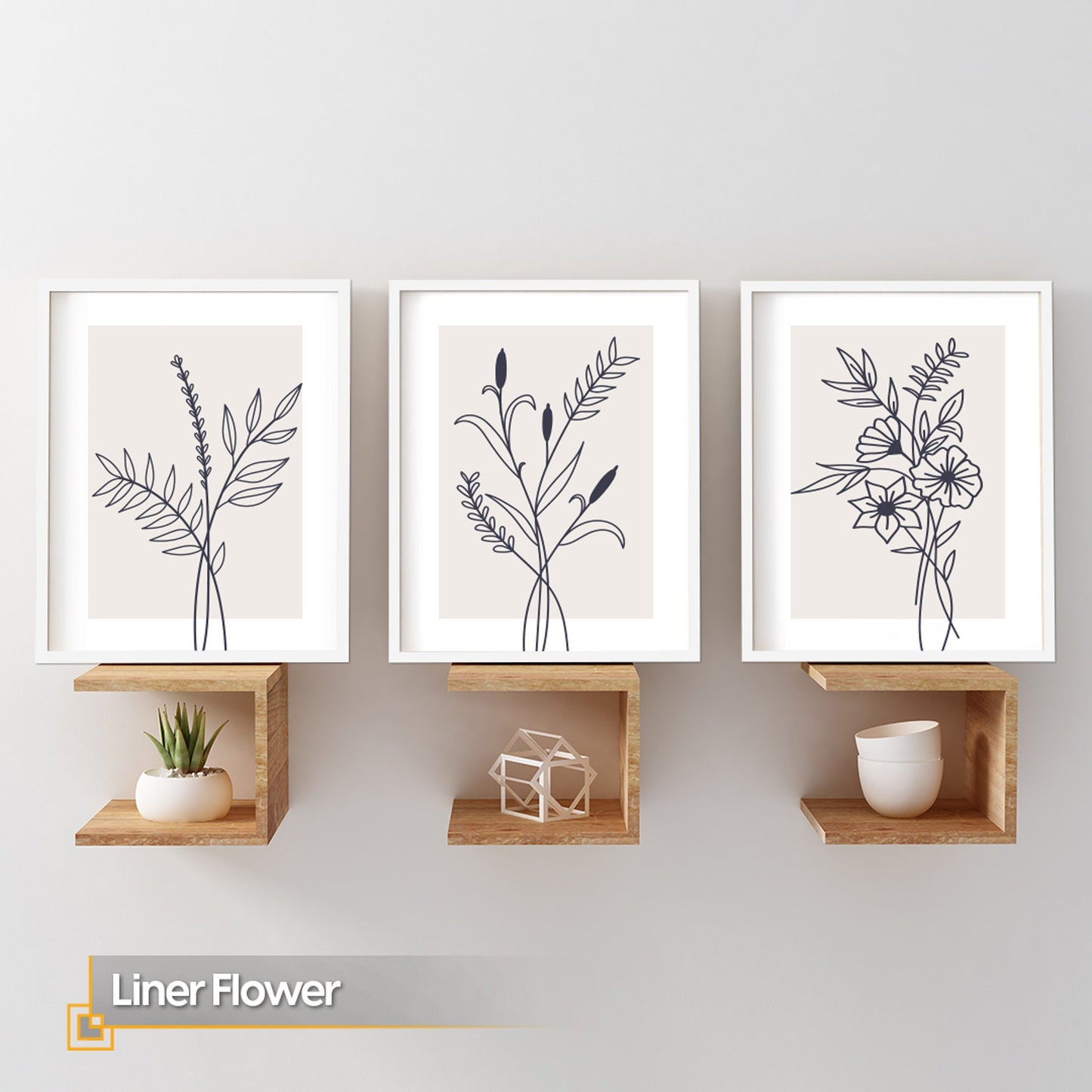 Liner Flower - Flower Line Art Set FRAMED Print Set of 3 Pieces