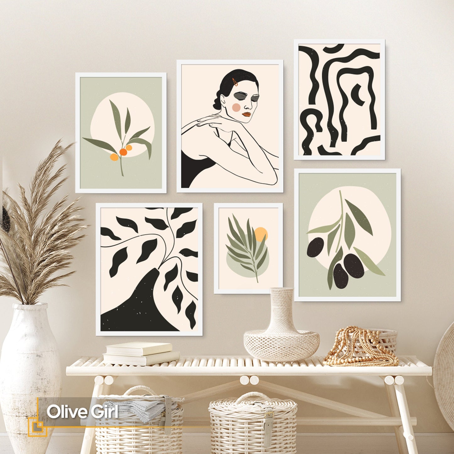 Olive Girl - Boho FRAMED Wall Art Set Framed Ready to Hang Print Set of 6 Pieces