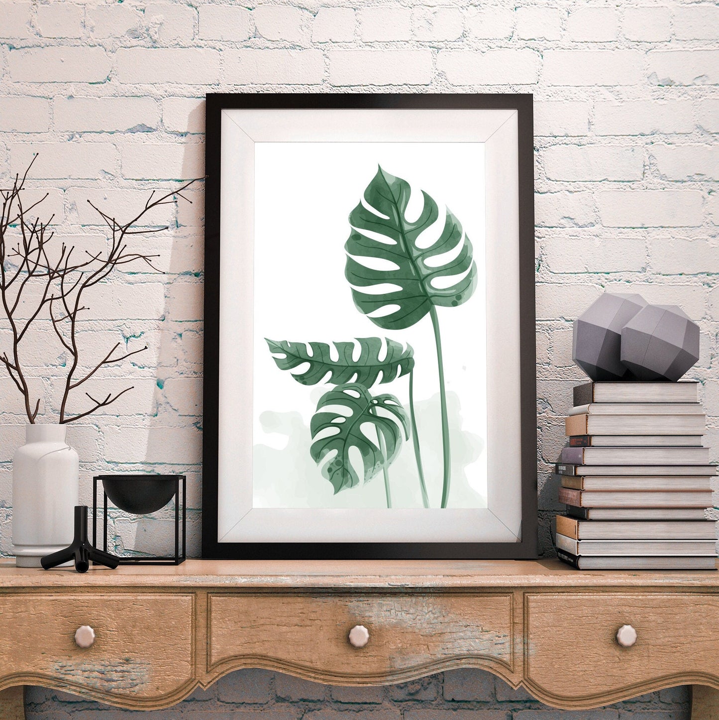 Few Leaves 3 Pieces Watercolor Botanical FRAMED Wall Art