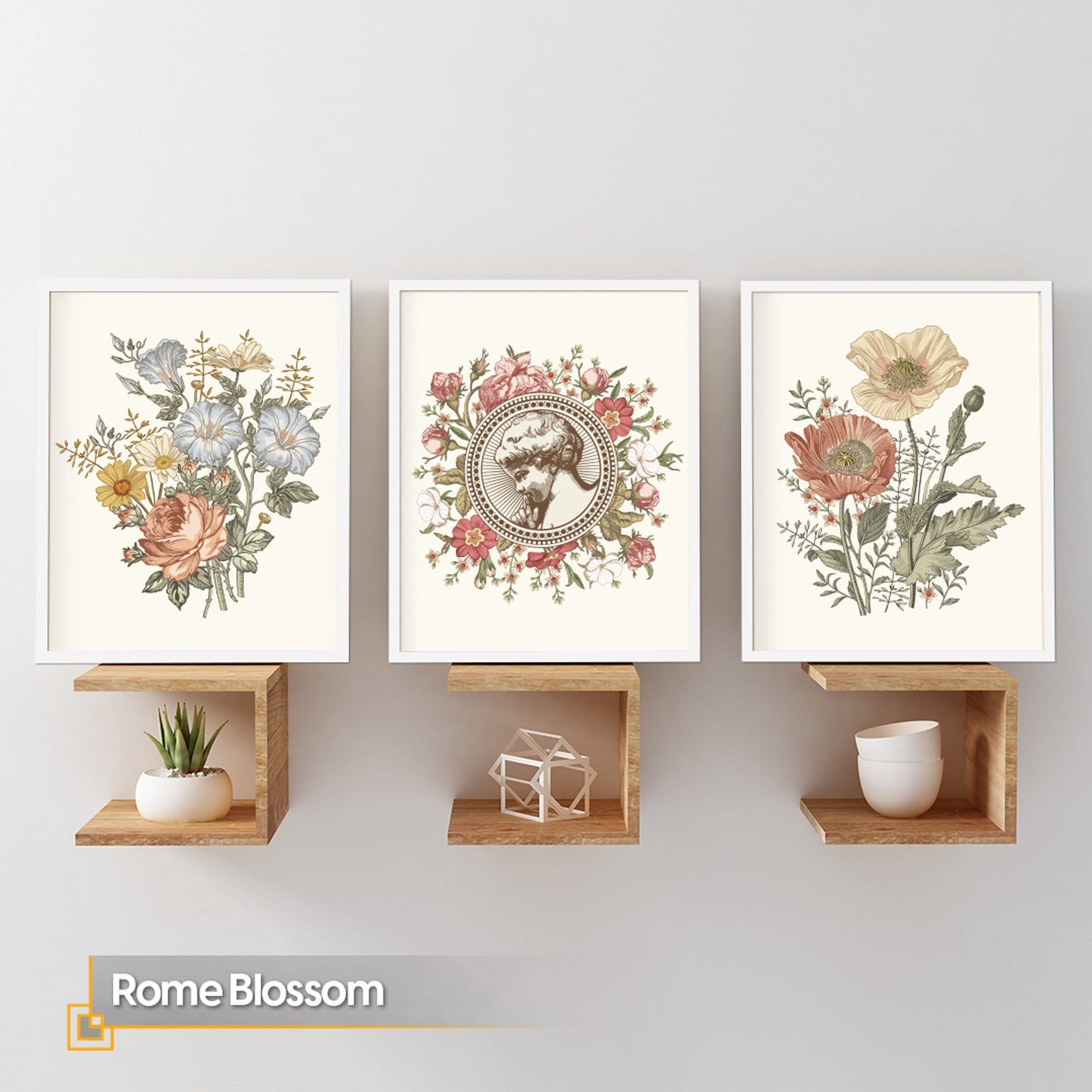 Rome Blossom - Vintage Flower Wall Art FRAMED Set of 3 Pieces