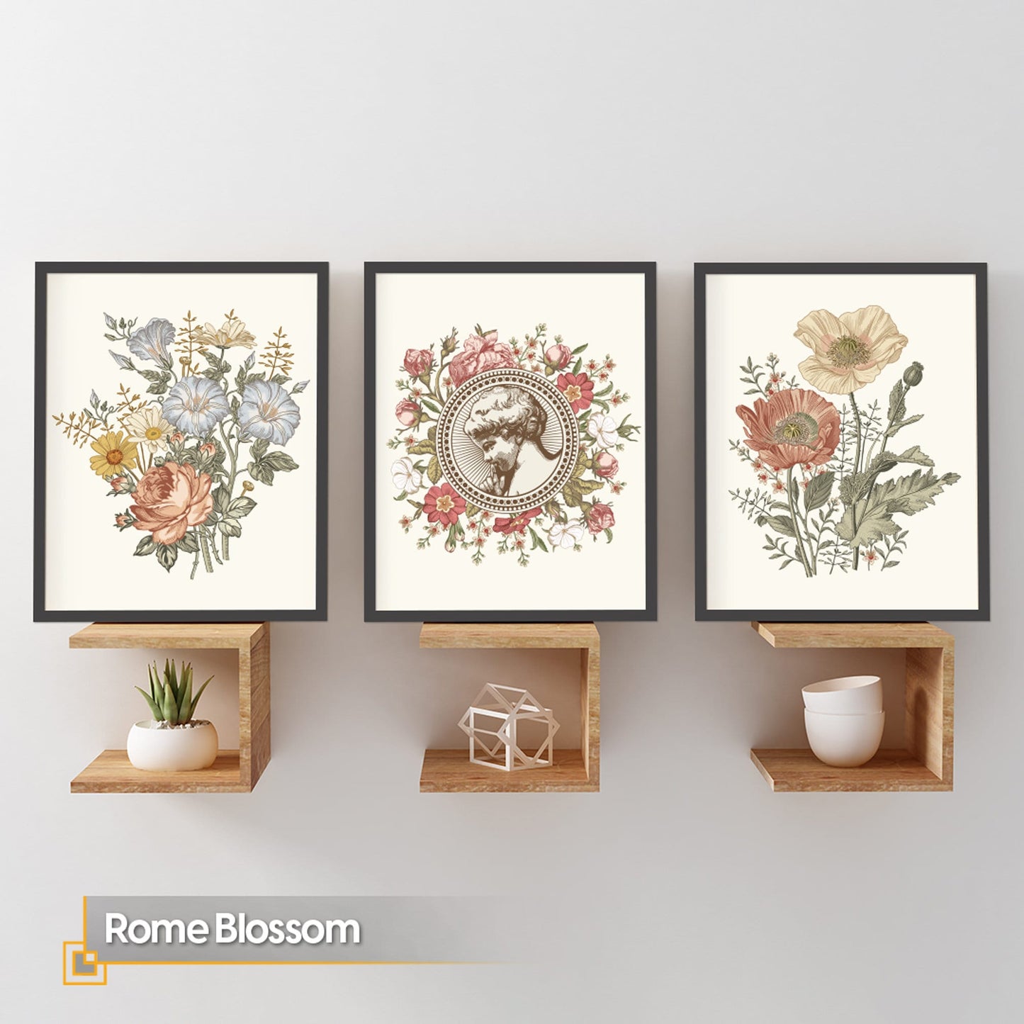 Rome Blossom - Vintage Flower Wall Art FRAMED Set of 3 Pieces