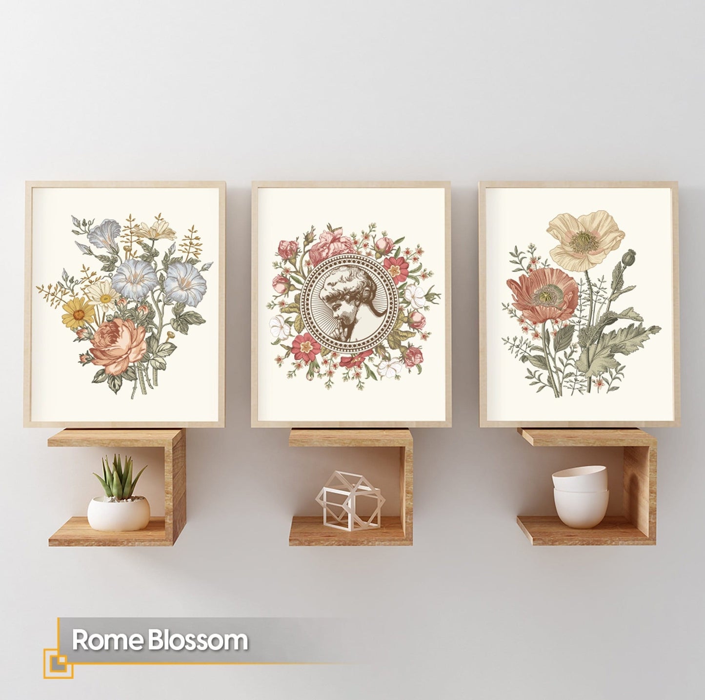 Rome Blossom - Vintage Flower Wall Art FRAMED Set of 3 Pieces