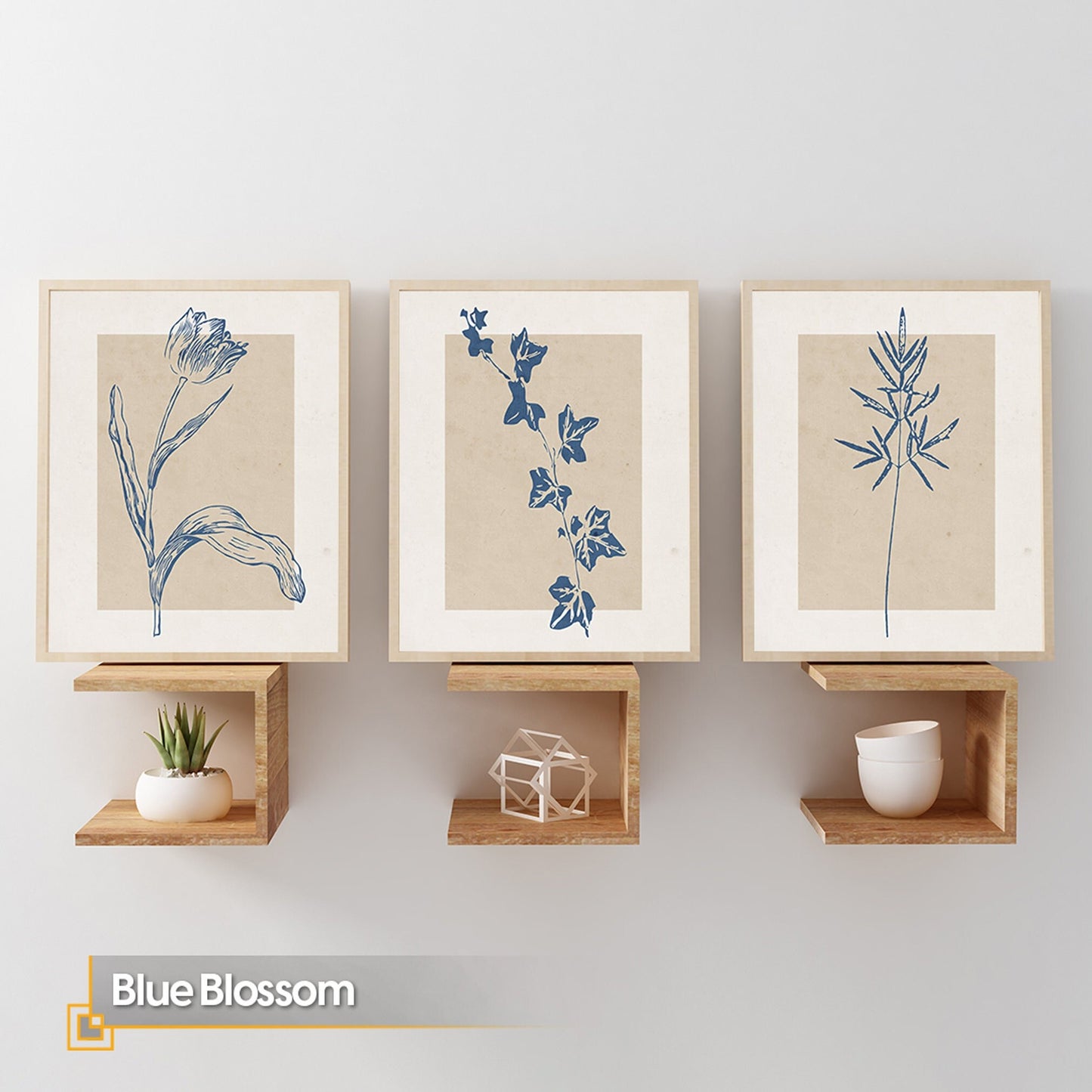Blue Blossom - FRAMED Gallery Wall Set Line Art Flower Print Set of 3
