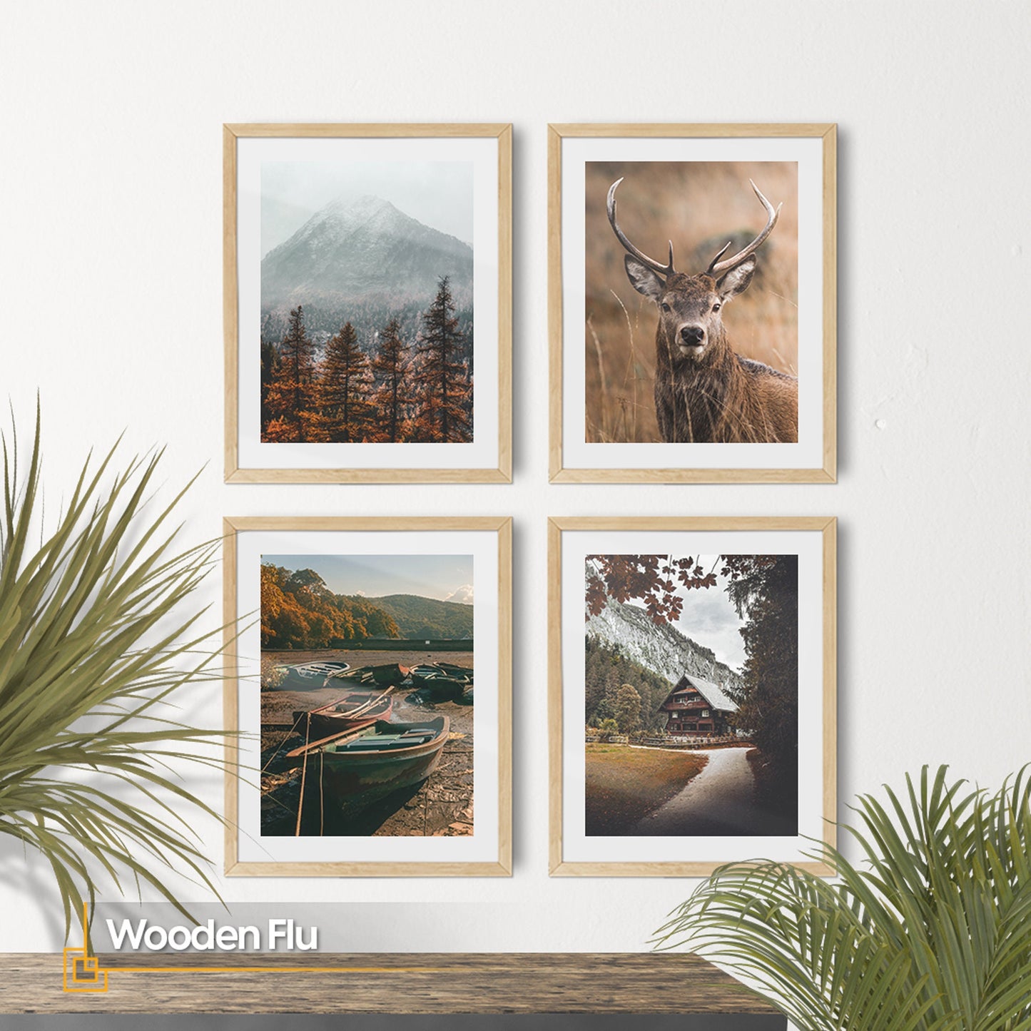 Wooden Flu - Wooden FRAMED Nature Gallery Wall Art Set of 4 Pieces