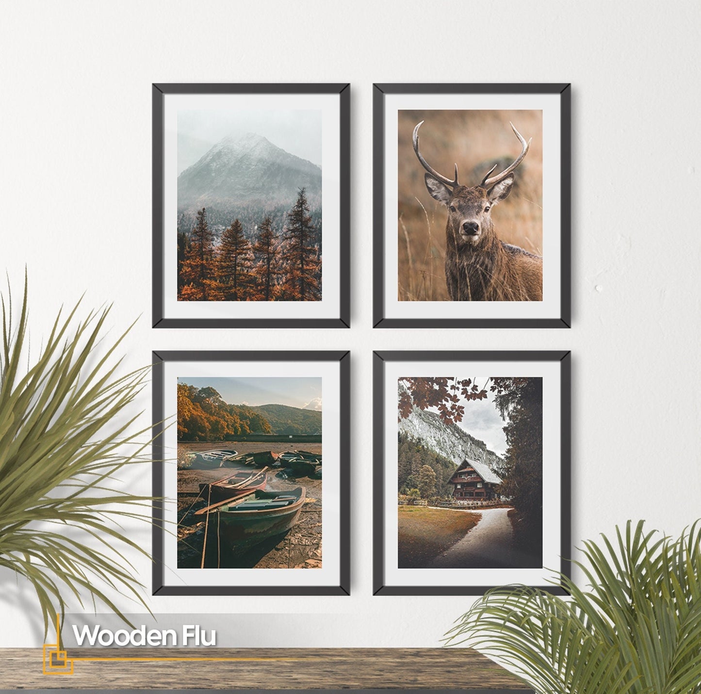 Wooden Flu - Wooden FRAMED Nature Gallery Wall Art Set of 4 Pieces
