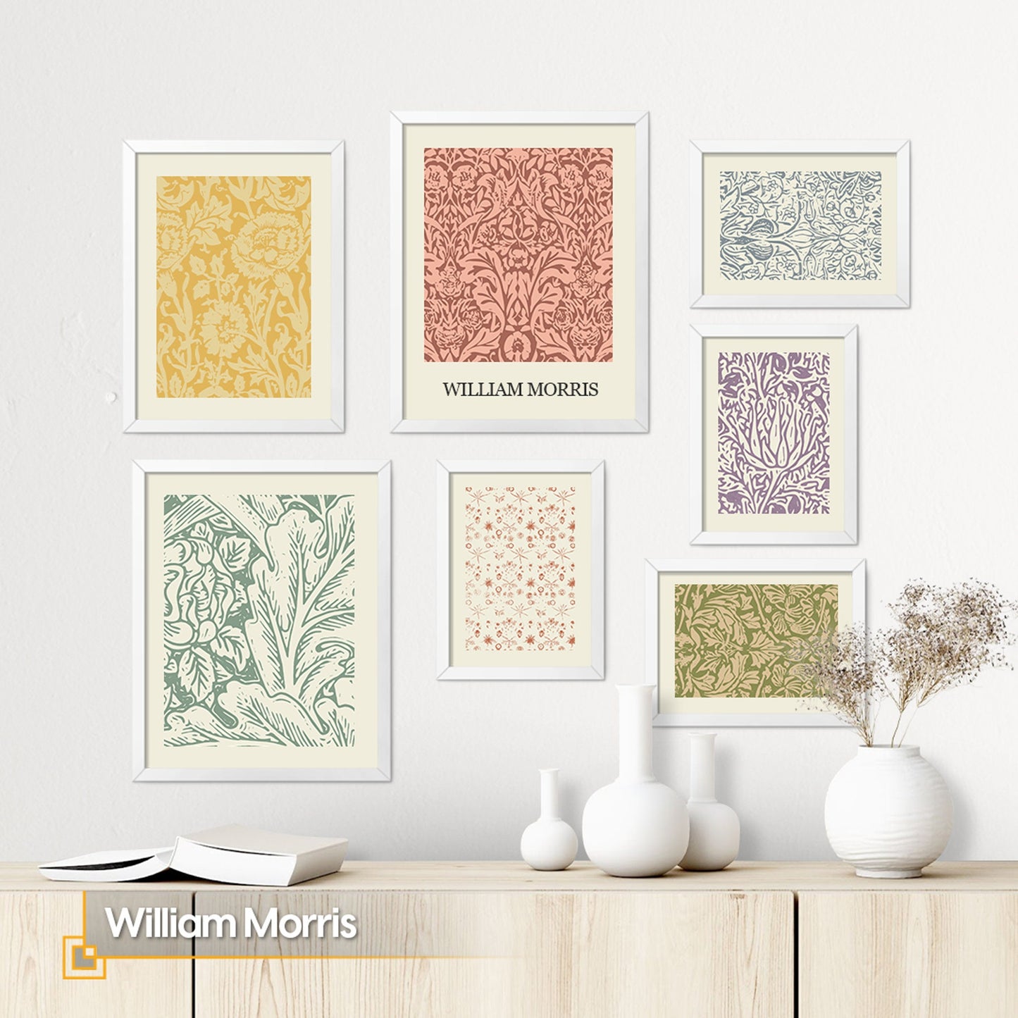 William Morris - Line Art Gallery Wall Set FRAMED of 7 Pieces