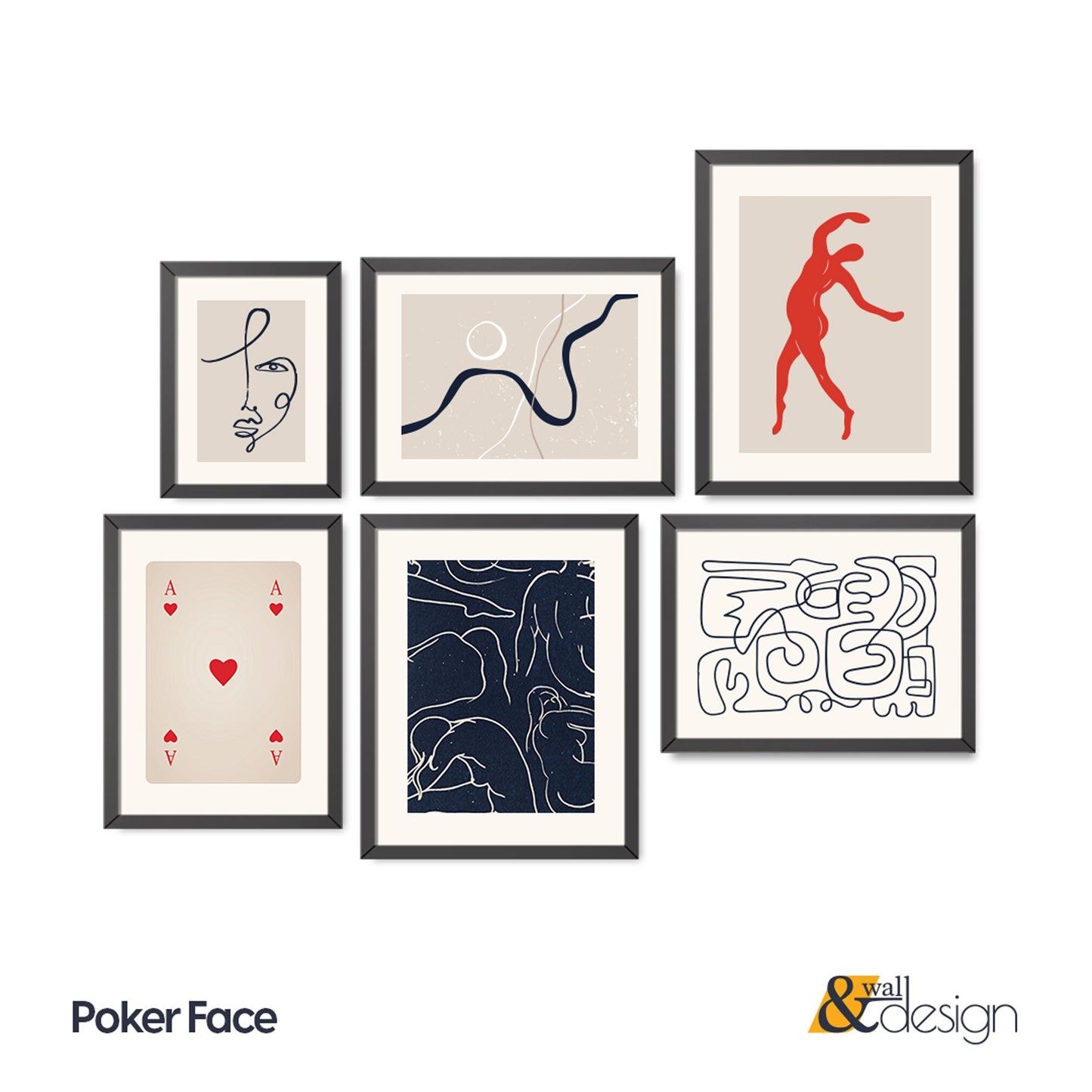 Poker Face - Line Art Wall Art Set of 6 Pieces FRAMED
