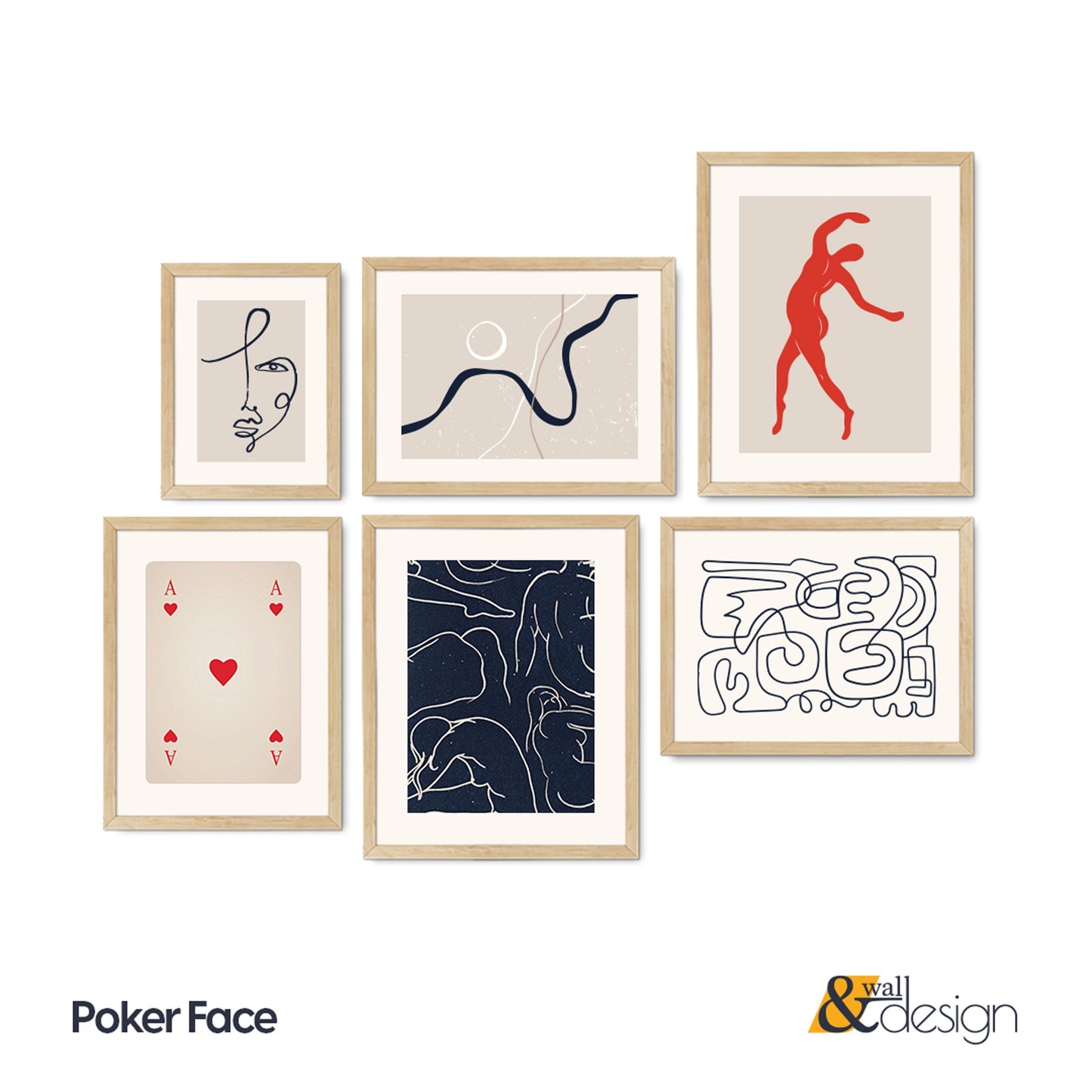 Poker Face - Line Art Wall Art Set of 6 Pieces FRAMED