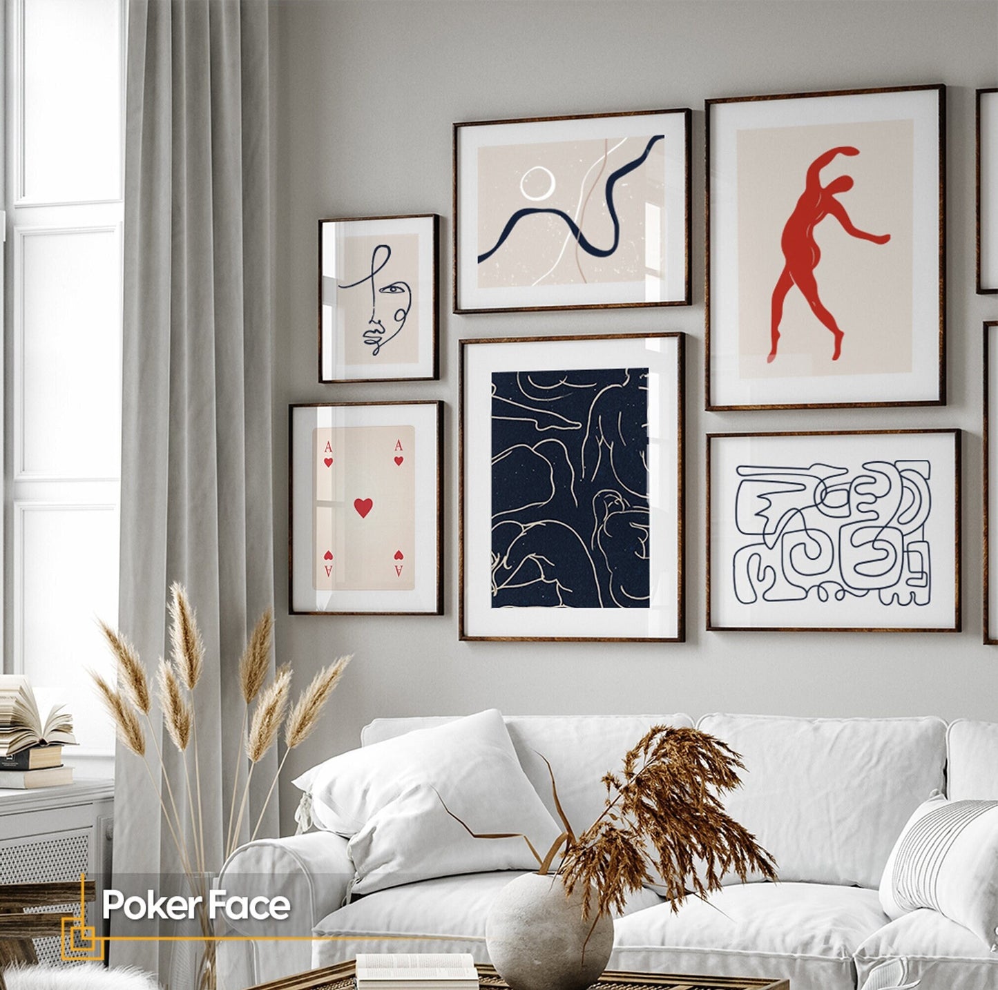 Poker Face - Line Art Wall Art Set of 6 Pieces FRAMED