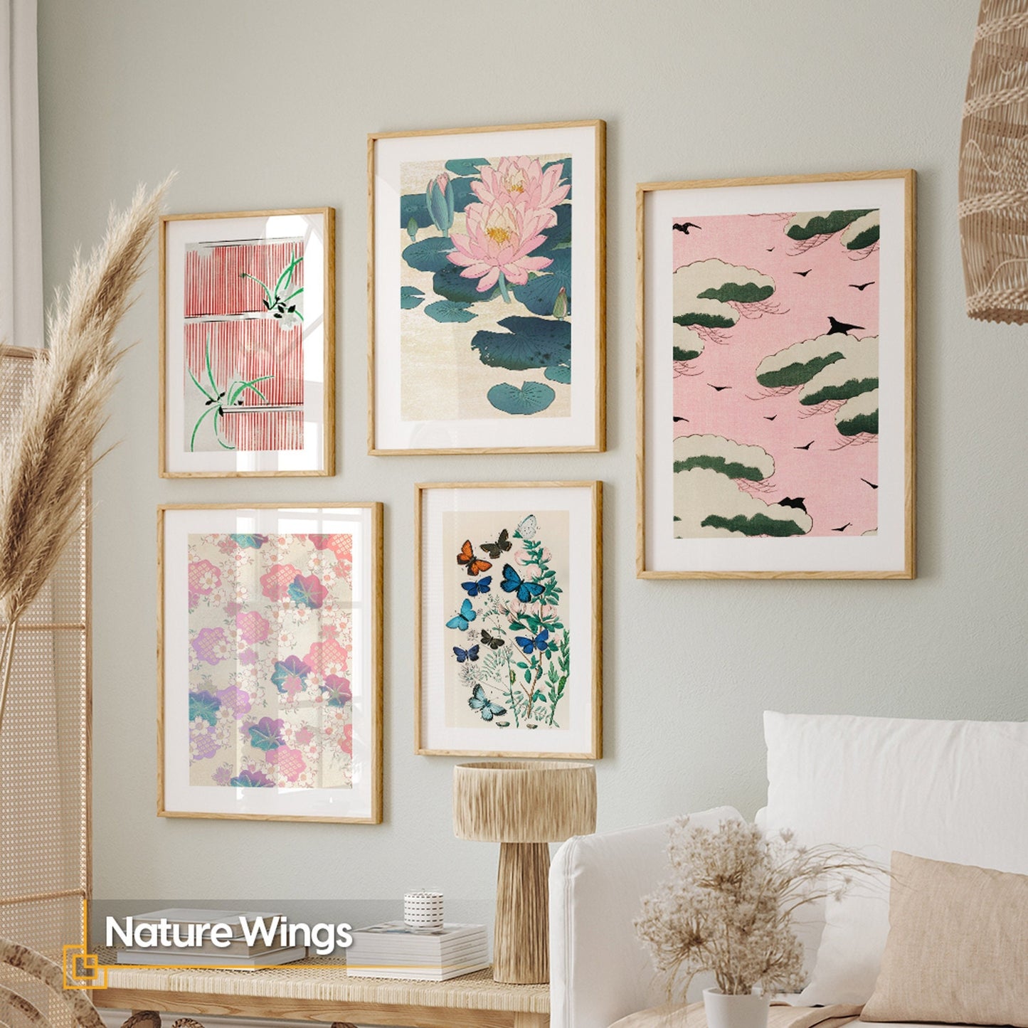 Nature Wings - Pink Flowers 5 Pieces FRAMED Wall Art Set