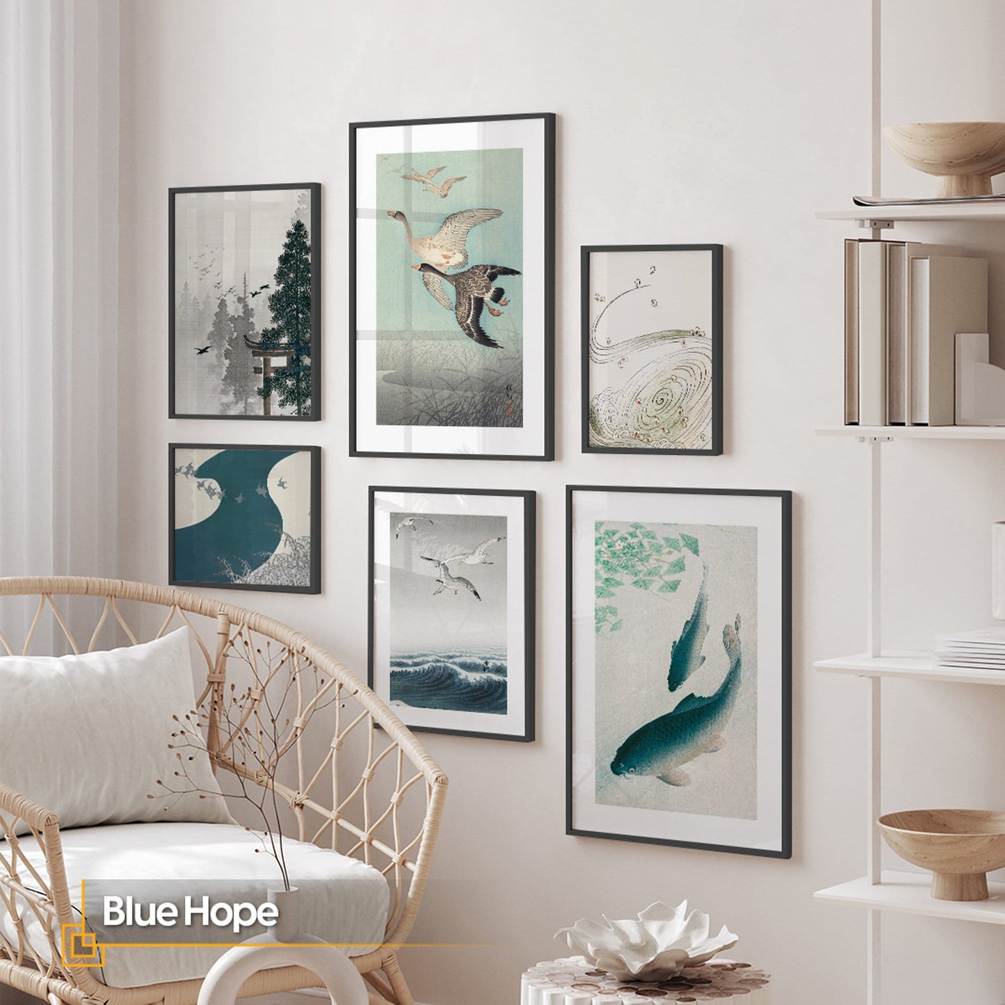 Blue Hope - Modern Wall Art Set FRAMED Gallery Watercolor Japanese Art Prints