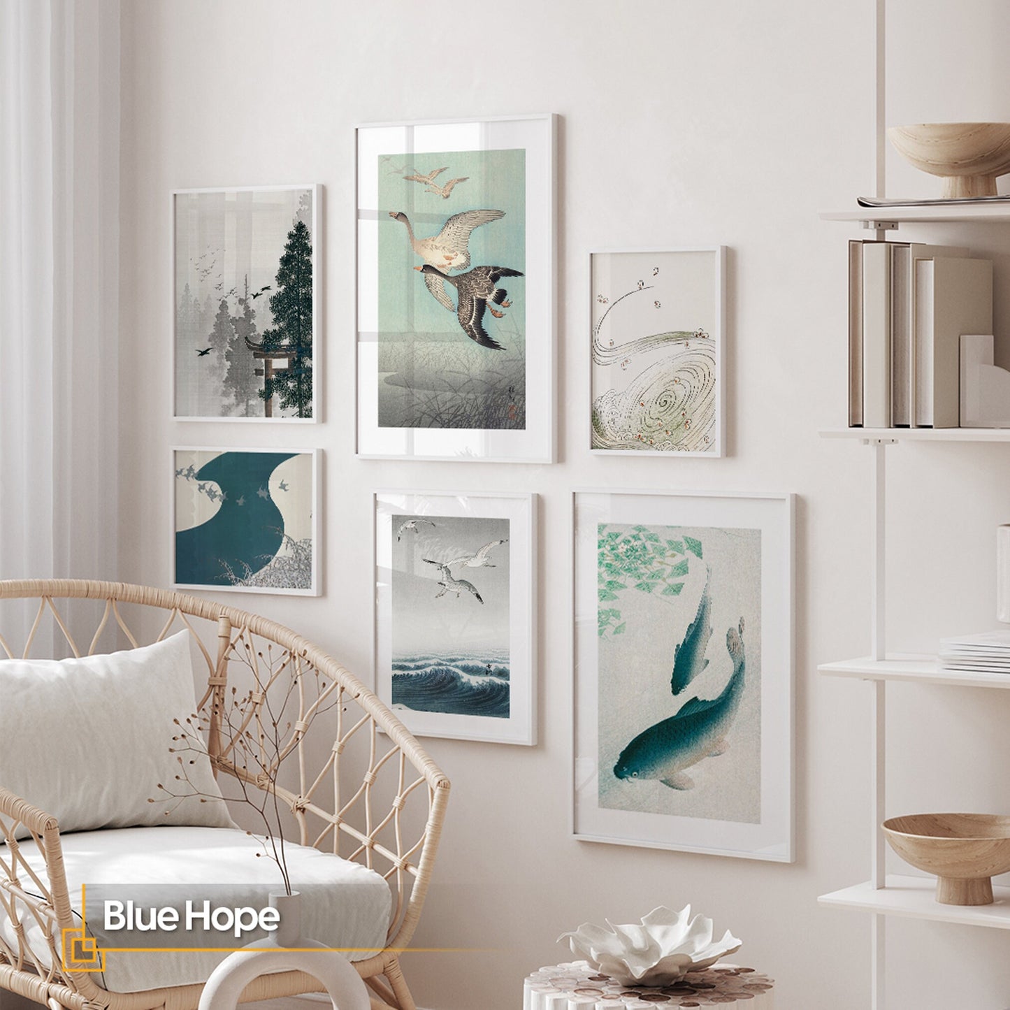 Blue Hope - Modern Wall Art Set FRAMED Gallery Watercolor Japanese Art Prints