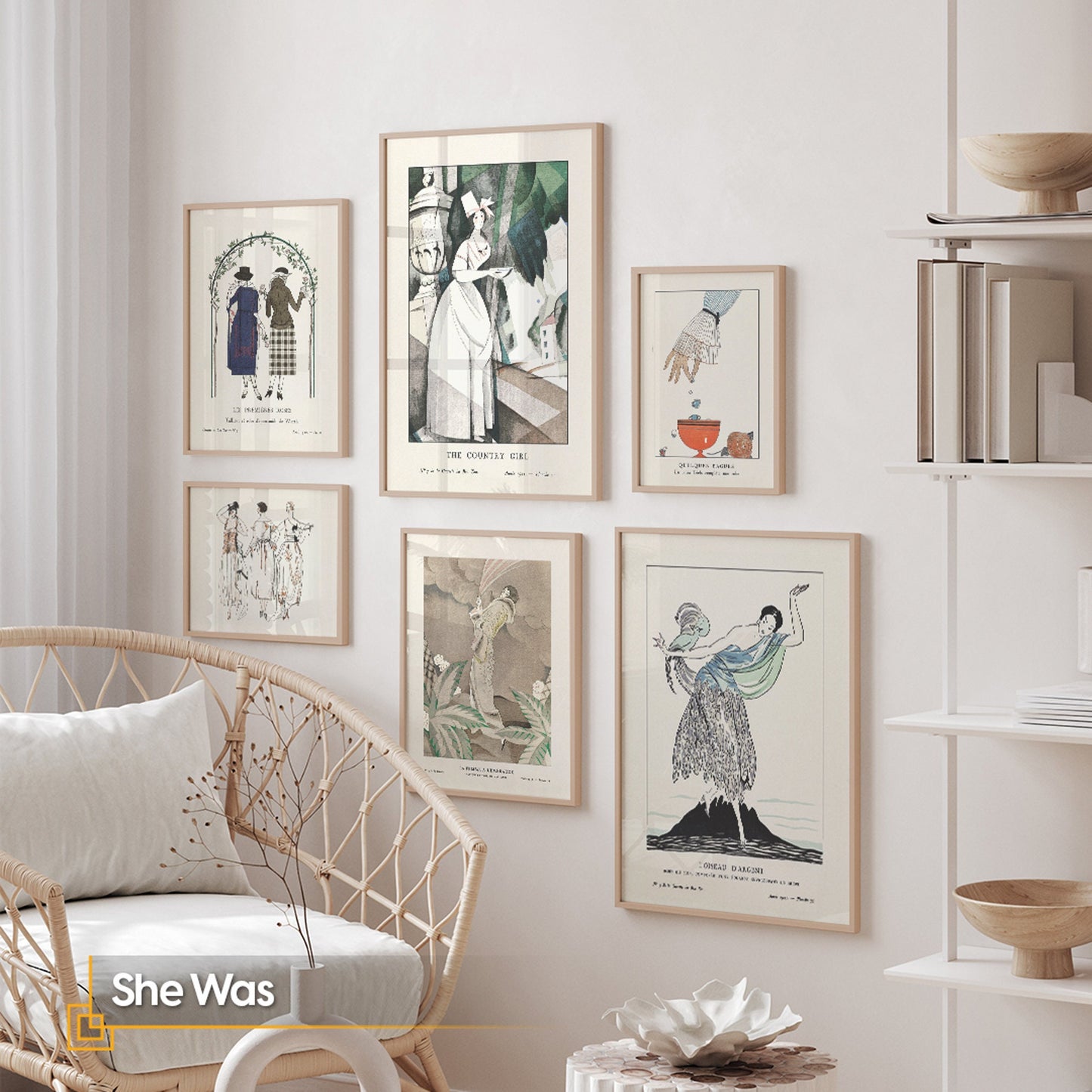 She Was - Vintage FRAMED Wall Gallery Set for Fashion House Print Art Set of 6 Pieces