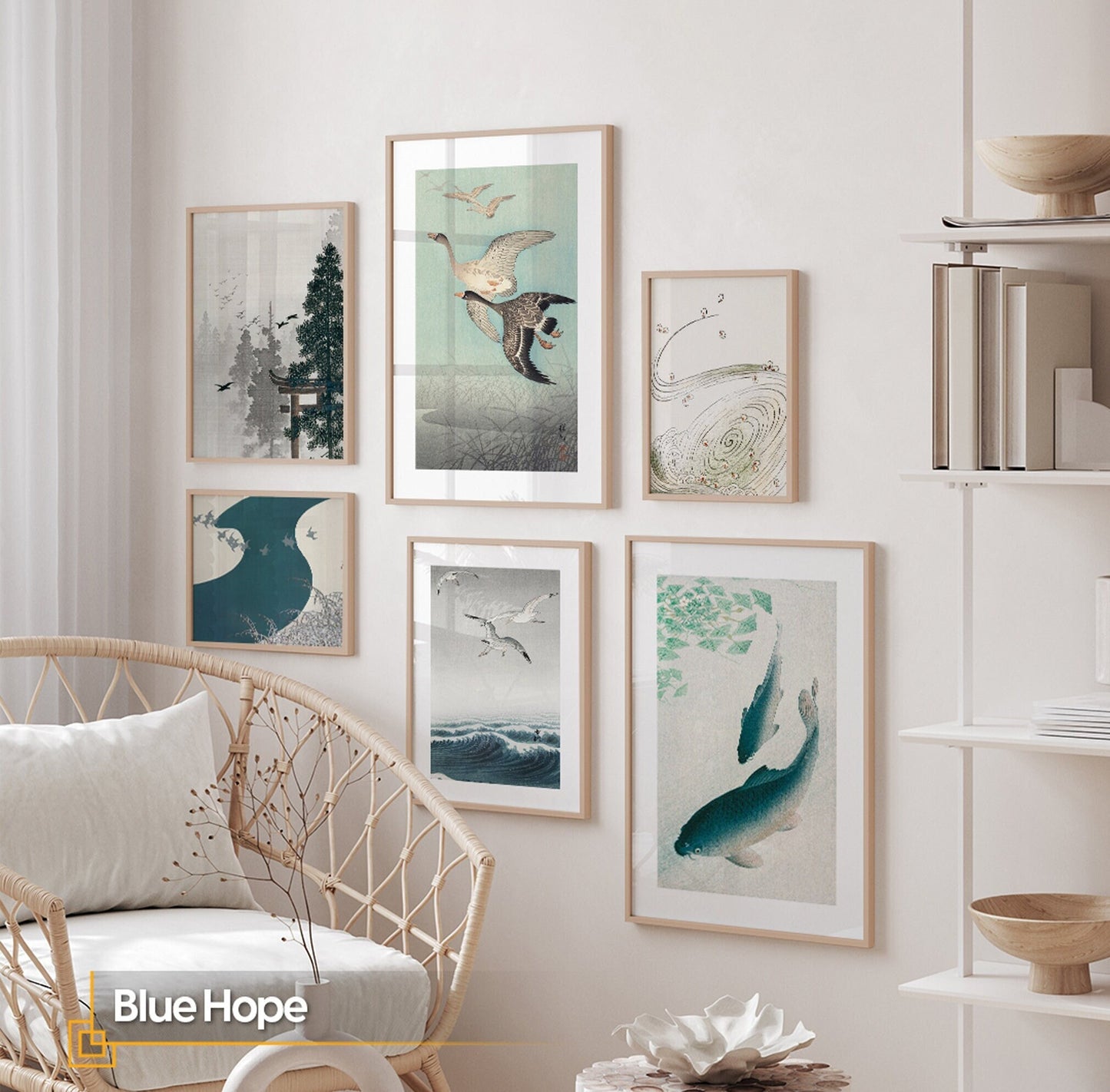 Blue Hope - Modern Wall Art Set FRAMED Gallery Watercolor Japanese Art Prints