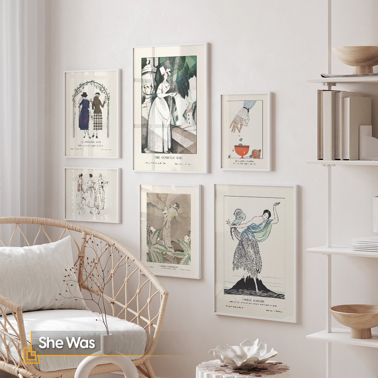 She Was - Vintage FRAMED Wall Gallery Set for Fashion House Print Art Set of 6 Pieces