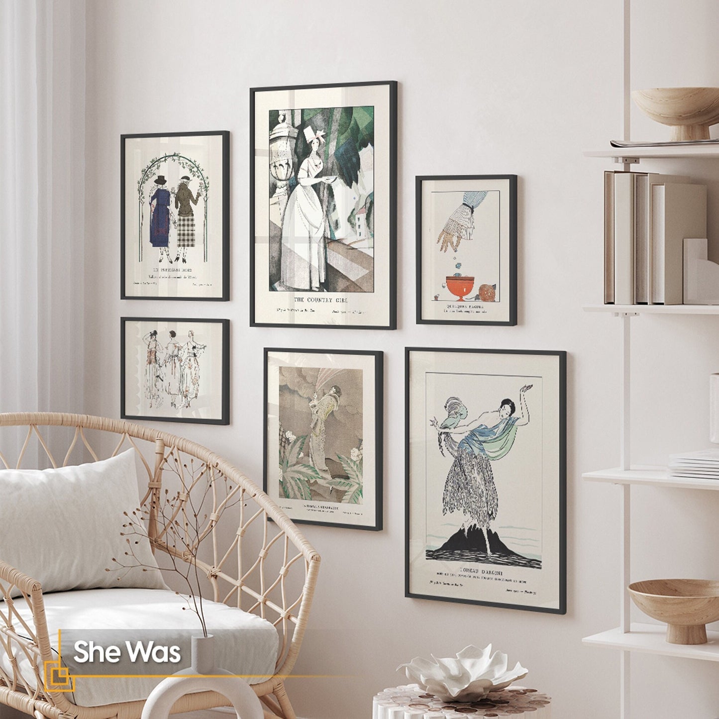 She Was - Vintage FRAMED Wall Gallery Set for Fashion House Print Art Set of 6 Pieces