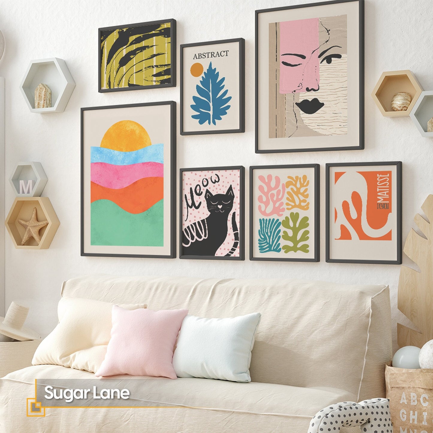 Sugar Lane - Gallery Wall Set of 7 FRAMED Boho Artwork Print Set