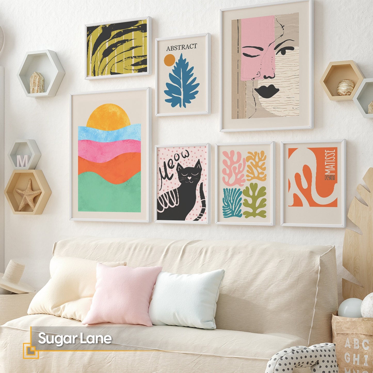 Sugar Lane - Gallery Wall Set of 7 FRAMED Boho Artwork Print Set