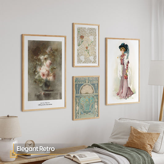 Elegant Retro - 4 Pieces Wooden FRAMED Wall Art Prints Set
