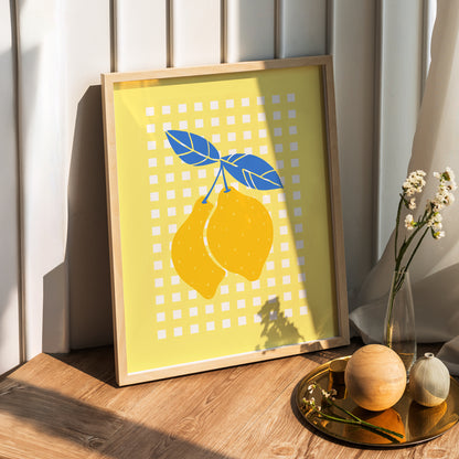 Modern Lemon Wall Art Framed Print - Yellow & Blue Gingham Citrus Illustration, Kitchen Statement Decor