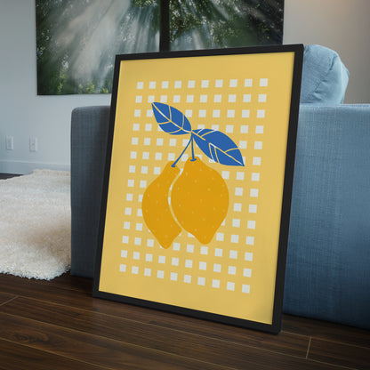 Modern Lemon Wall Art Framed Print - Yellow & Blue Gingham Citrus Illustration, Kitchen Statement Decor