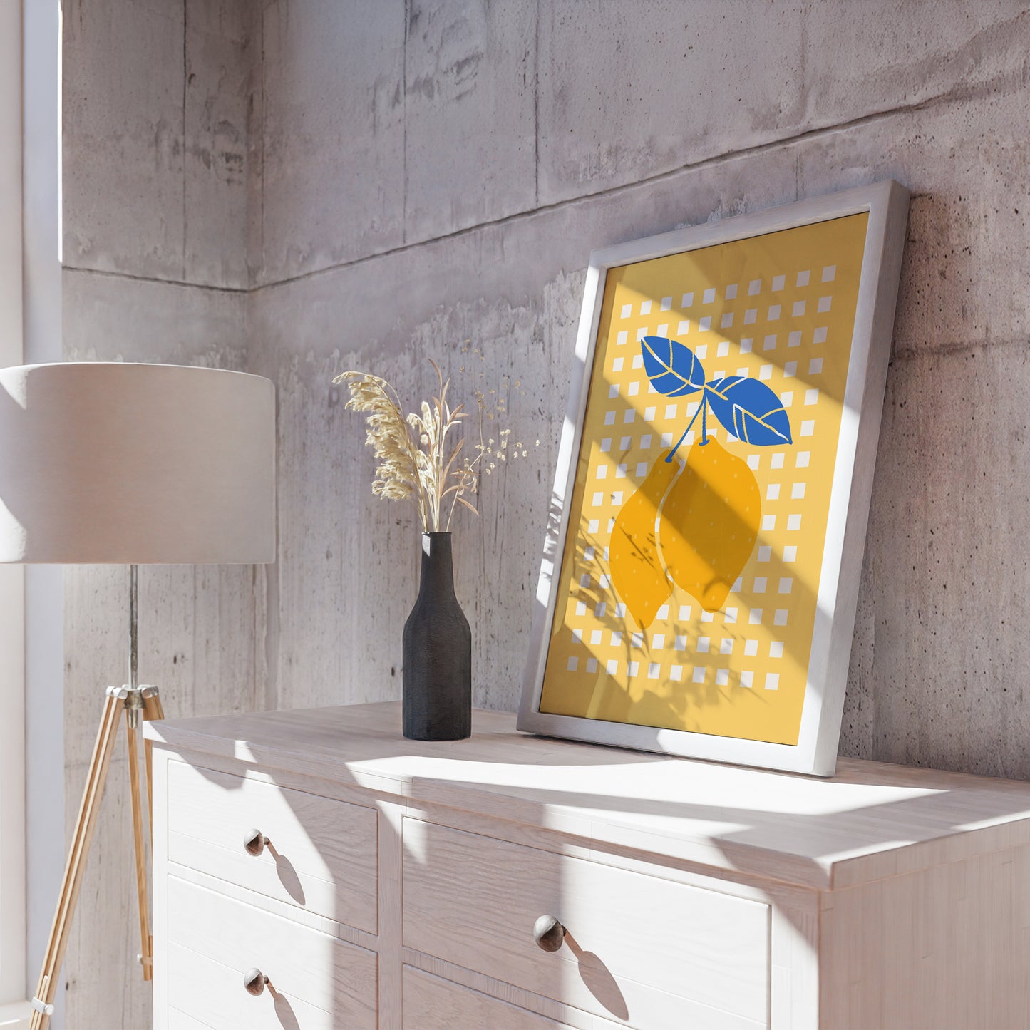 Modern Lemon Wall Art Framed Print - Yellow & Blue Gingham Citrus Illustration, Kitchen Statement Decor