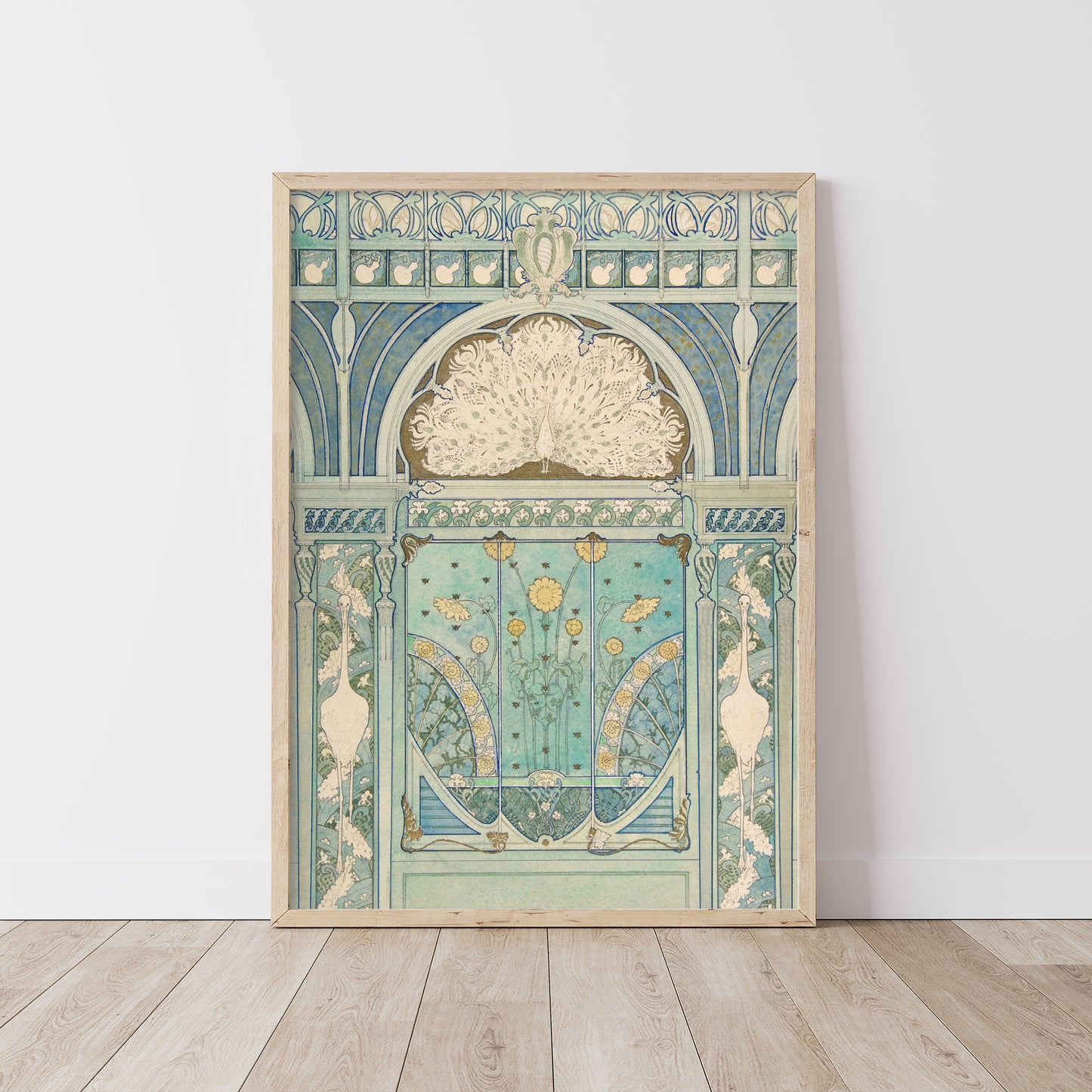 Art Nouveau Peacock Wooden Framed Wall Art Print
