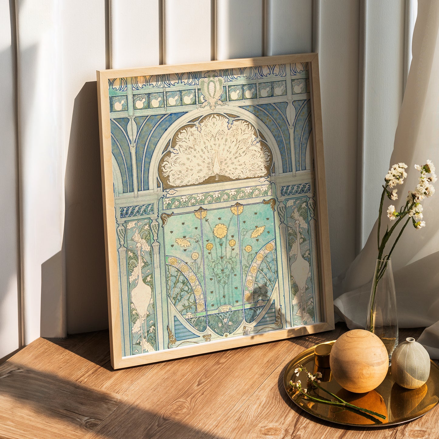 Art Nouveau Peacock Wooden Framed Wall Art Print