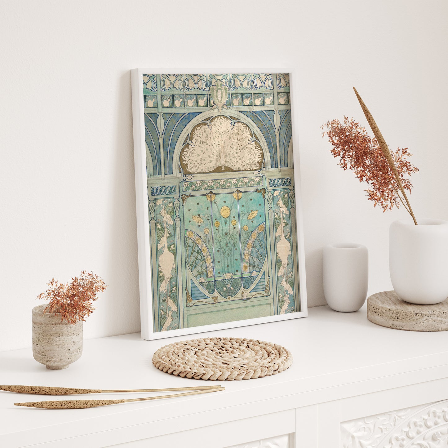 Art Nouveau Peacock Wooden Framed Wall Art Print