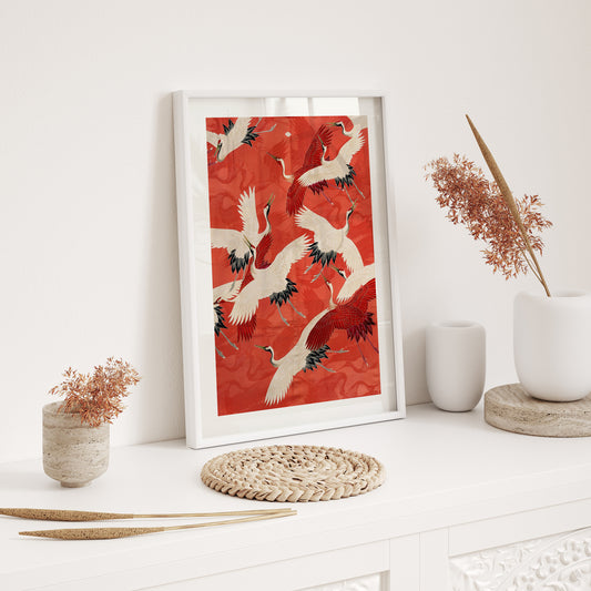 Japanese Crane Wooden Framed Wall Art Print | Red Vintage Bird Decor