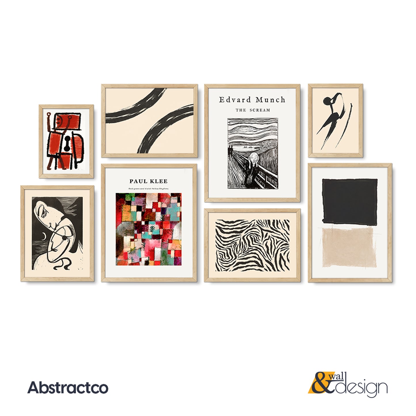 Modern Abstract Gallery Wall Set – 8-Piece Wooden Framed Art