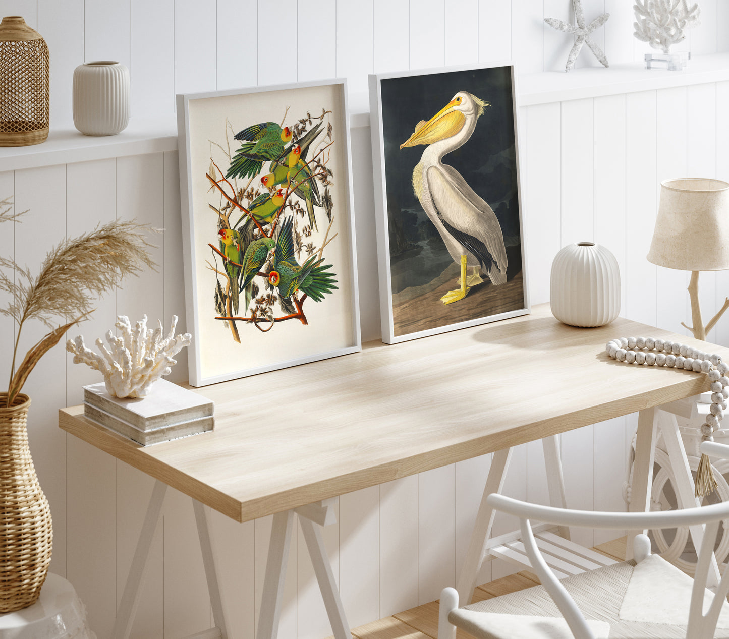 Vintage Bird Illustration 3 Piece Wall Art Set - Flamingo, Lovebirds & Pelican Print, Natural History Poster Set