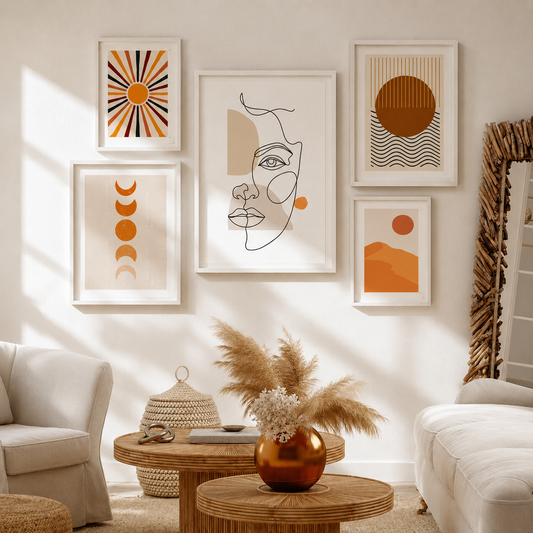 Sun Face - Mid-Century FRAMED Wall Art Set of 5 Pieces
