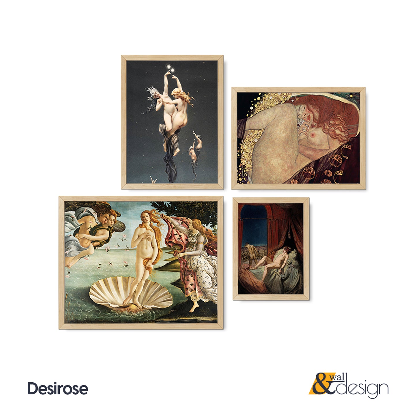 Classical Renaissance Nude Art 4 Piece Wall Art Set - Birth of Venus, Klimt Danae Inspired Print, Museum Fine Art Gallery Wall Set
