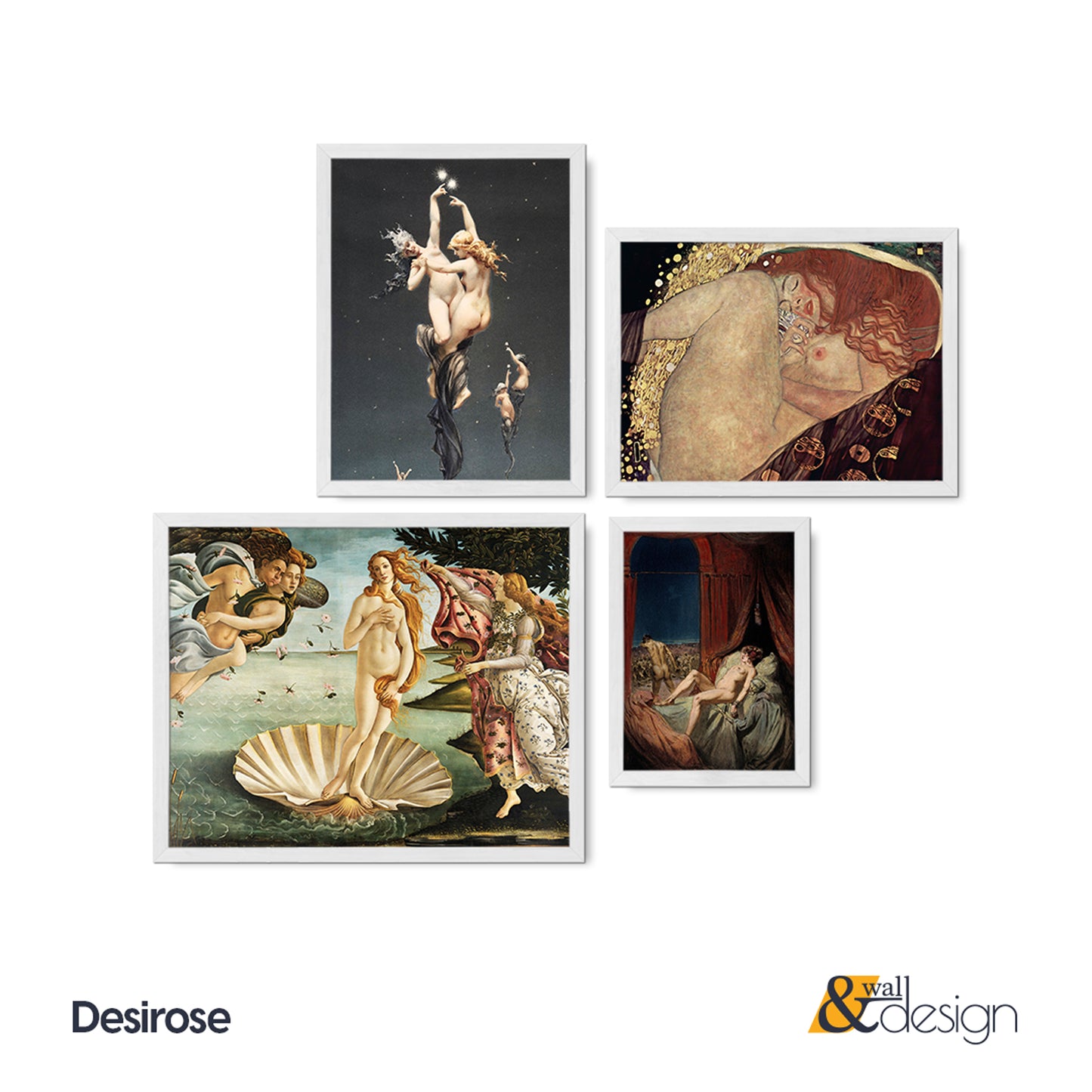 Classical Renaissance Nude Art 4 Piece Wall Art Set - Birth of Venus, Klimt Danae Inspired Print, Museum Fine Art Gallery Wall Set