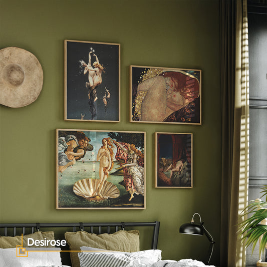 Classical renaissance nude art set of 4, Birth of Venus and Klimt style prints in wood frames, olive green gallery wall