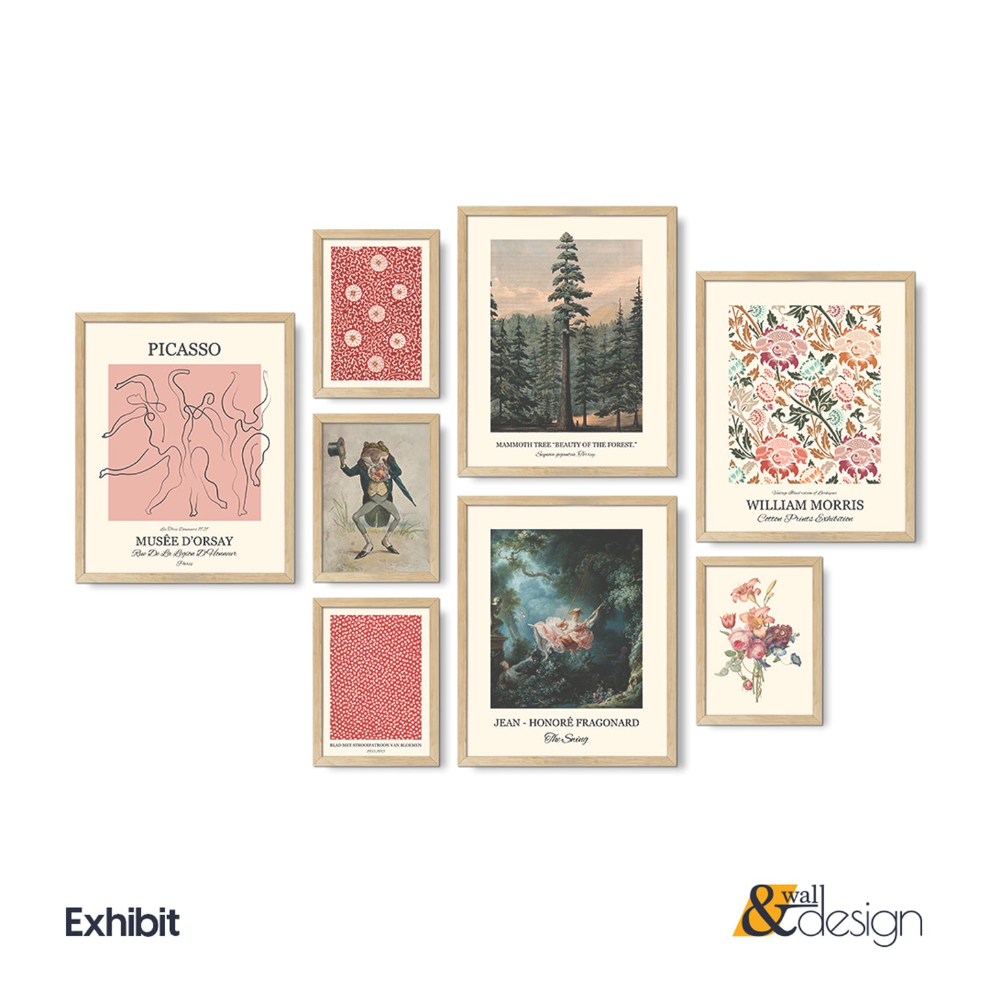 Eclectic Gallery Wall Art Set of 8 — Picasso, William Morris & Vintage Botanical Prints, Wood Framed